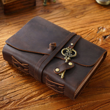 Vintage Handmade Leather Journal with Crown Key Charm - NO005