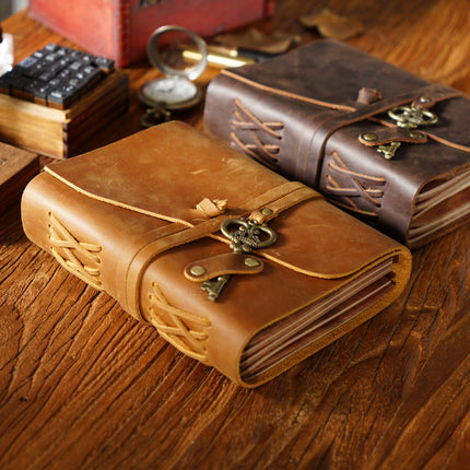 Vintage Handmade Leather Journal with Crown Key Charm - NO005