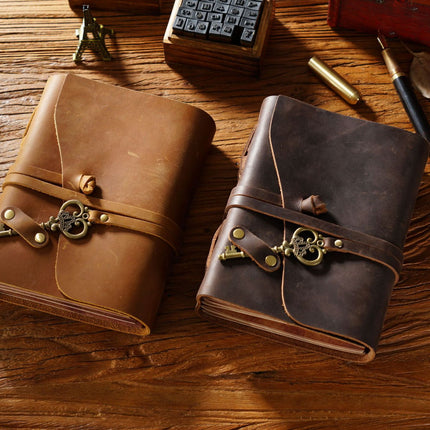 Vintage Handmade Leather Journal with Crown Key Charm - NO005