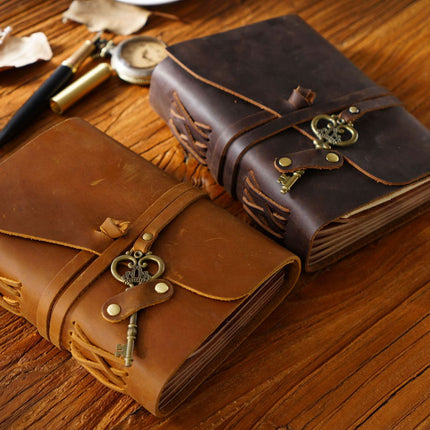 Vintage Handmade Leather Journal with Crown Key Charm - NO005