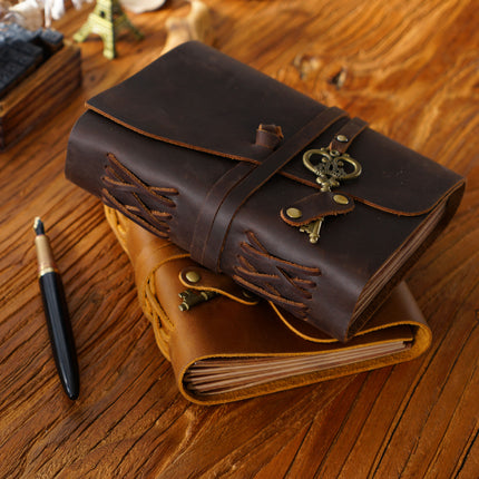 Vintage Handmade Leather Journal with Crown Key Charm - NO005