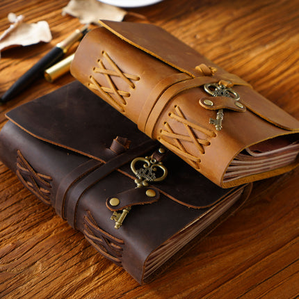 Vintage Handmade Leather Journal with Crown Key Charm - NO005
