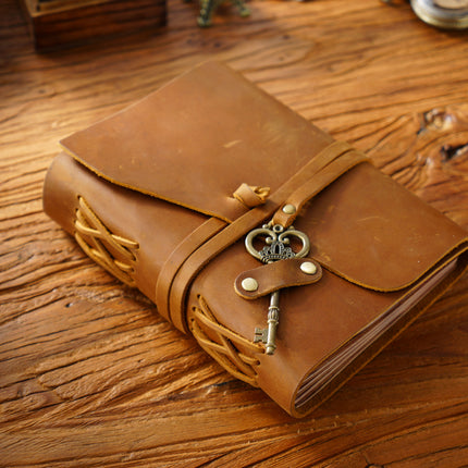 Vintage Handmade Leather Journal with Crown Key Charm - NO005