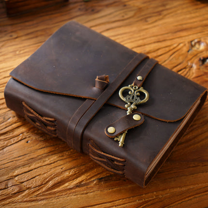 Vintage Handmade Leather Journal with Crown Key Charm - NO005