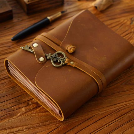 Vintage Handmade Leather Journal with Crown Key Charm - NO005