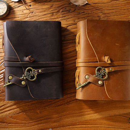 Vintage Handmade Leather Journal with Crown Key Charm - NO005