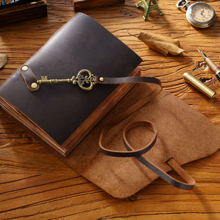 Vintage Handmade Leather Journal with Crown Key Charm - NO005