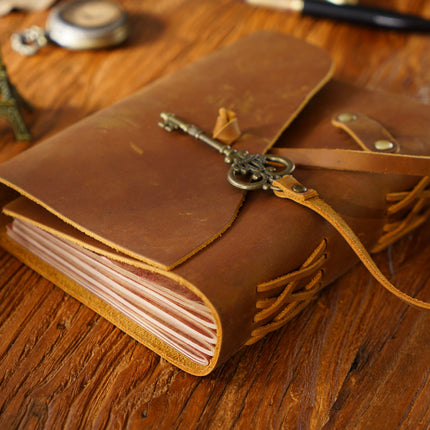 Vintage Handmade Leather Journal with Crown Key Charm - NO005