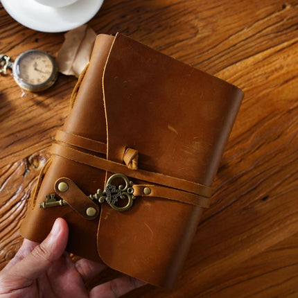 Vintage Handmade Leather Journal with Crown Key Charm - NO005