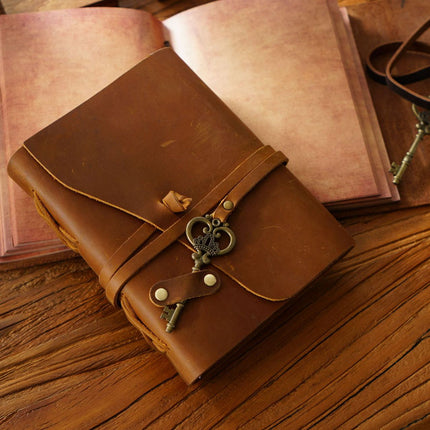 Vintage Handmade Leather Journal with Crown Key Charm - NO005