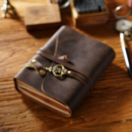 Vintage Handmade Leather Journal with Crown Key Charm - NO005