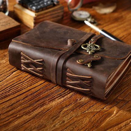 Vintage Handmade Leather Journal with Crown Key Charm - NO005