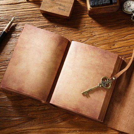 Vintage Handmade Leather Journal with Crown Key Charm - NO005