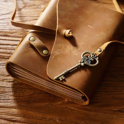Vintage Handmade Leather Journal with Crown Key Charm - NO005