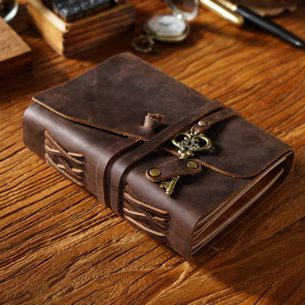 Vintage Handmade Leather Journal with Crown Key Charm - NO005